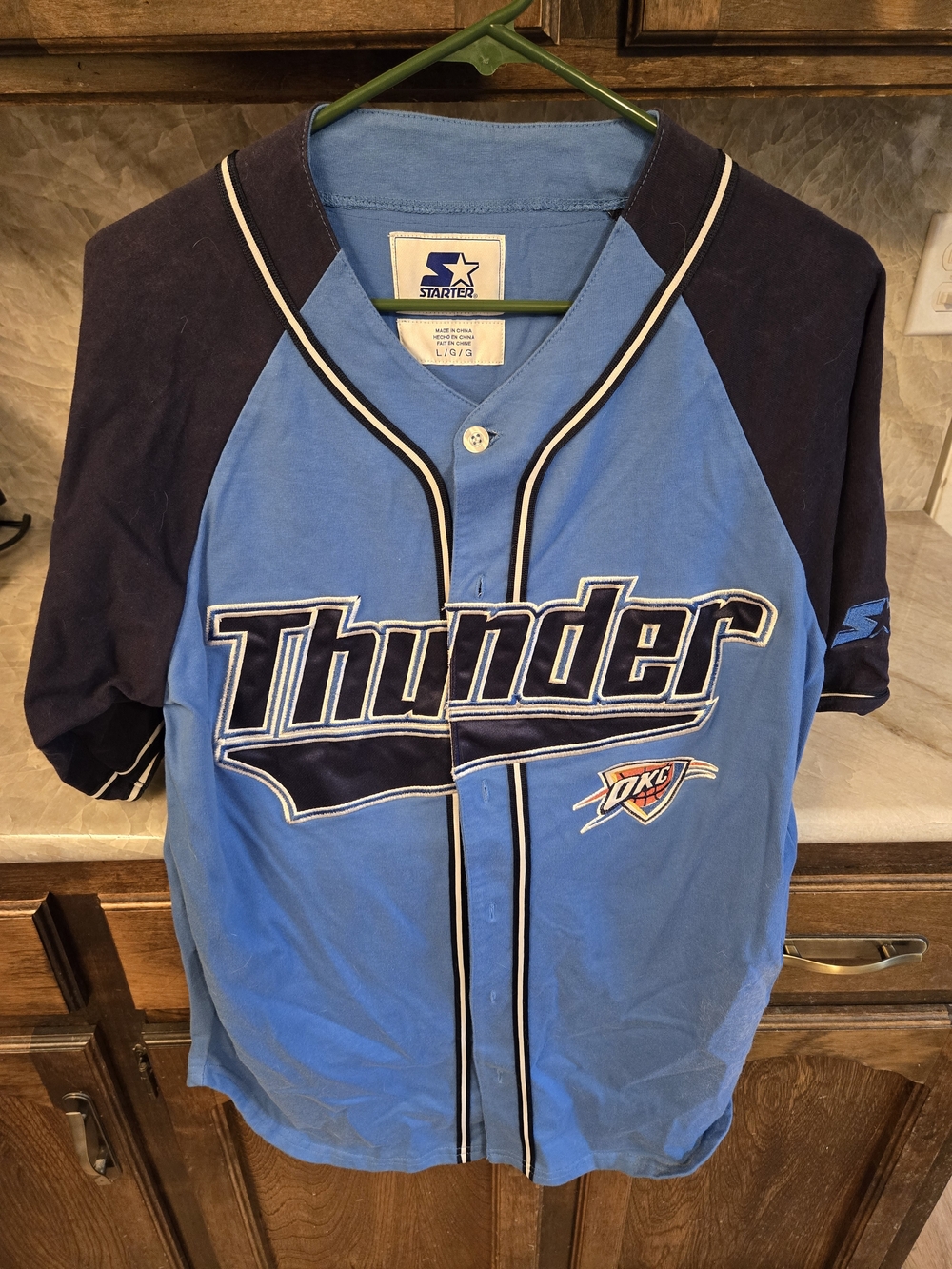STARTER Oklahoma City Thunder Light Blue and Navy Raglan Jersey